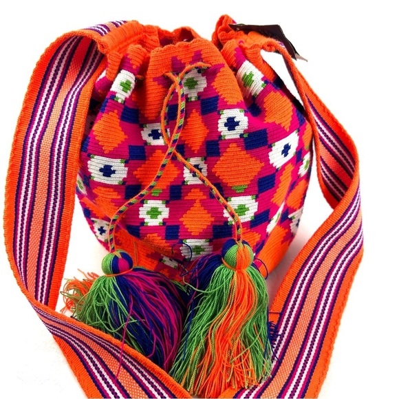 Wayuu Mochila Colombian Handbag Bucket Style Gaza Palete Bright Orange Brand New - Picture 6 of 16